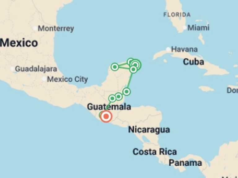 Map itinerary of Flores Tour in Fall with 9 destination visits for the trip: Mexico, Belize & Guatemala Adventure