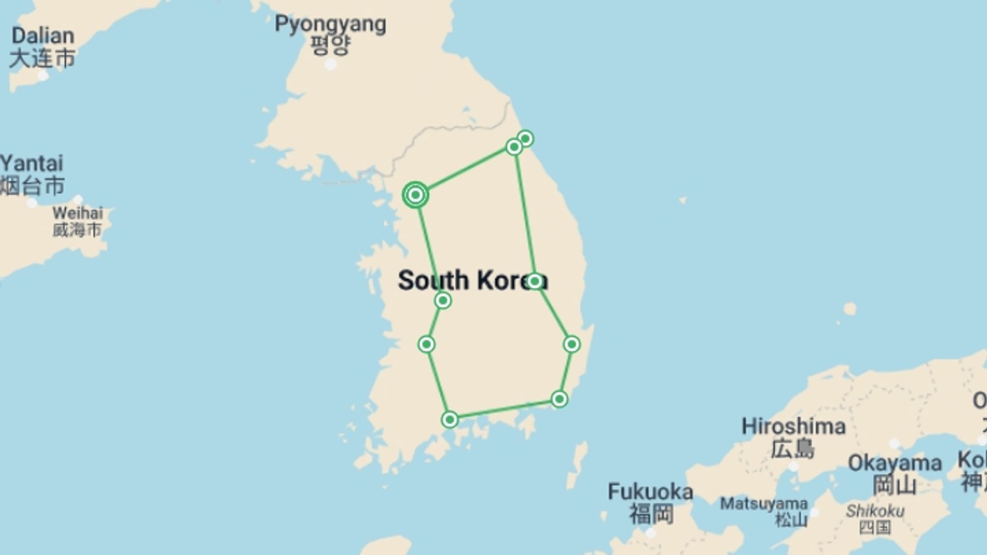A map showing the tour itinerary for the trip: Premium South Korea Small Group Tour, starting in Seoul, South Korea and ending in Seoul, South Korea going through 8 other destinations.