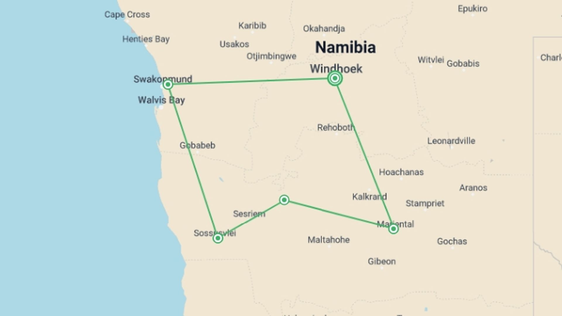 A map showing the tour itinerary for the trip: Beautiful Contrasts Of Southern Namibia, Private Tour (on Request), starting in Windhoek, Namibia and ending in Windhoek, Namibia going through 3 other destinations.