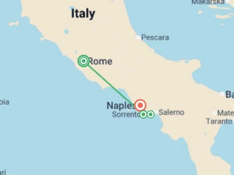 Map itinerary of Italy Tour in June 2026 with 4 destination visits for the trip: Best of Rome & the Amalfi Coast