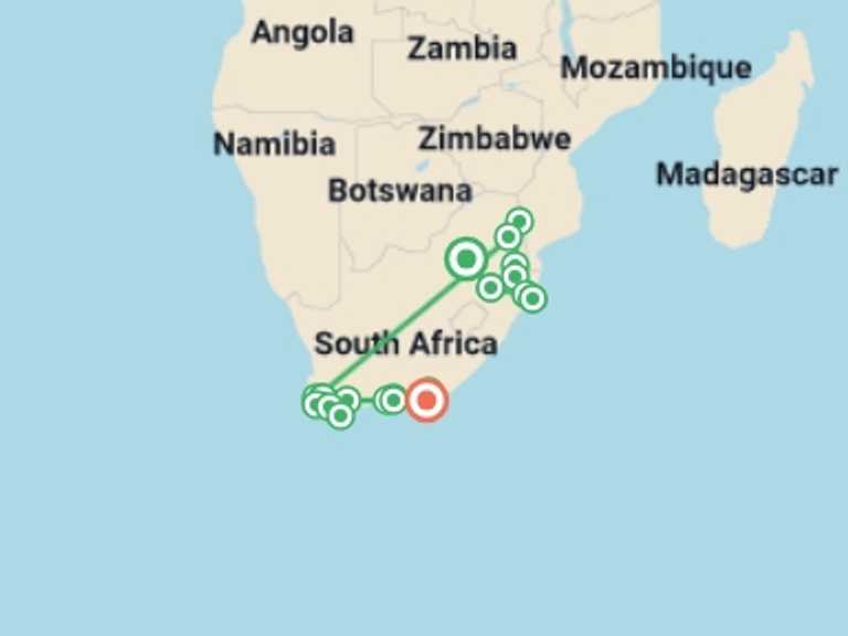 Map itinerary of Cape Town Tour in August 2026 with 19 destination visits for the trip: Kruger, Eswatini and South Africa's Garden Route