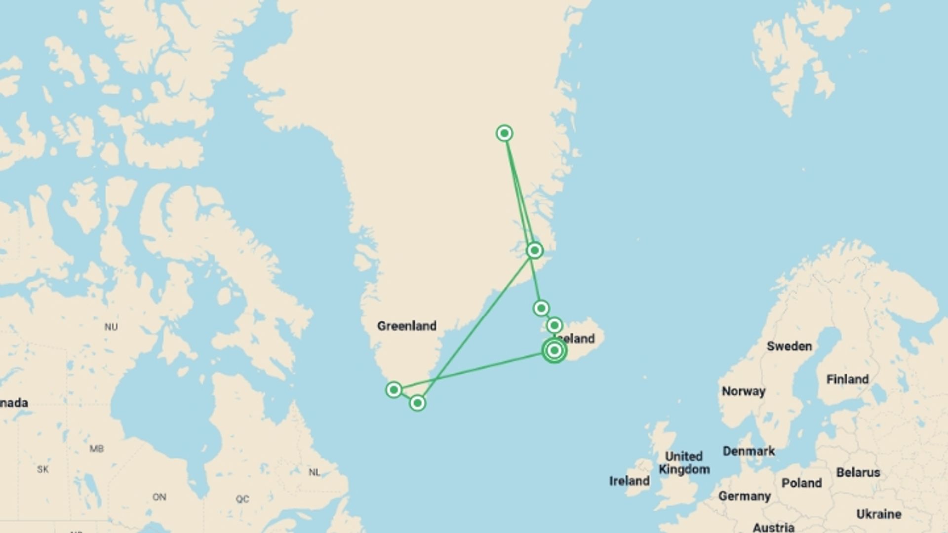 A map showing the tour itinerary for the trip: Iceland to Greenland: Total Solar Eclipse (17 days), starting in Reykjavik, Iceland and ending in Reykjavik, Iceland going through 6 other destinations.