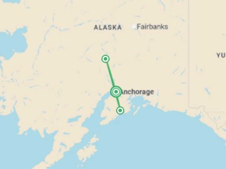 Map of 7-Day North America Tour with 3 destination visits for the trip: Hike Alaska: Glaciers and Denali