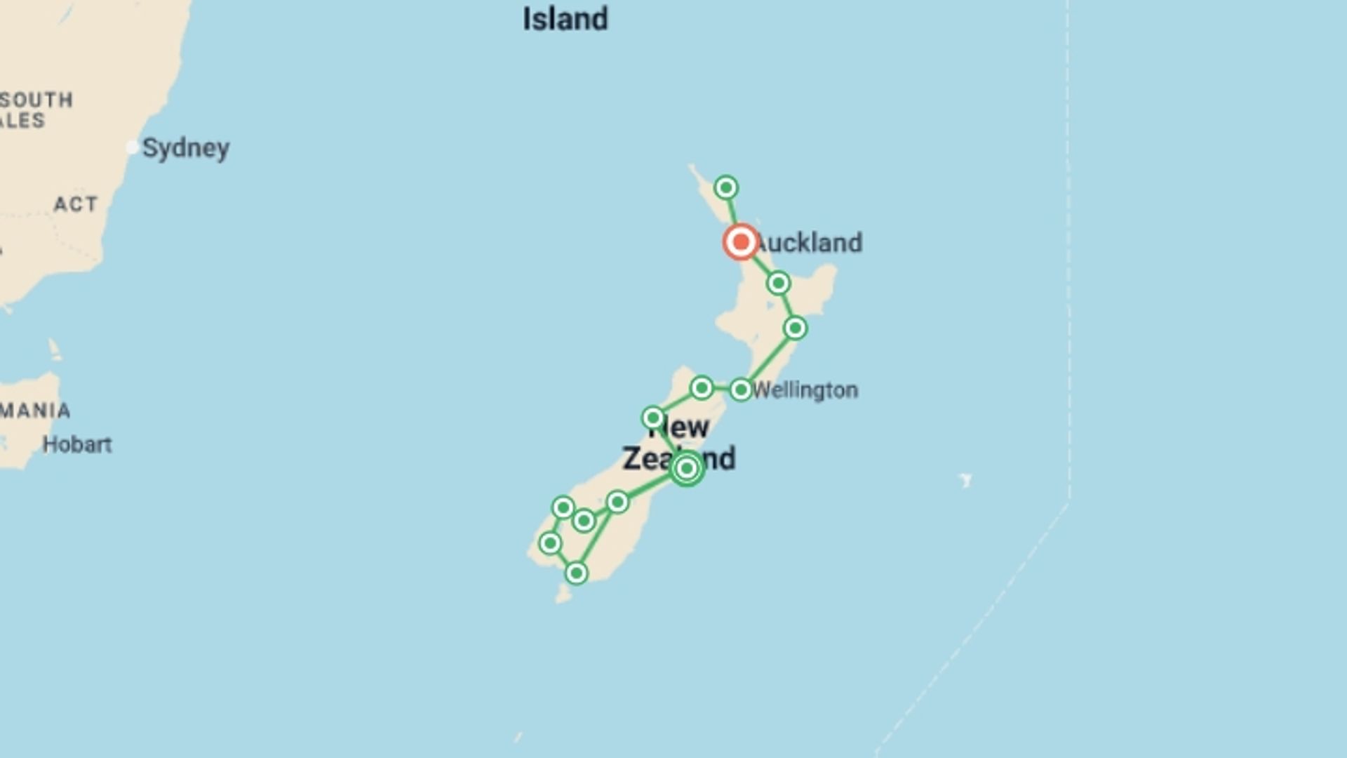 A map showing the tour itinerary for the trip: Spirit of New Zealand, starting in Christchurch, New Zealand and ending in Auckland, New Zealand going through 11 other destinations.