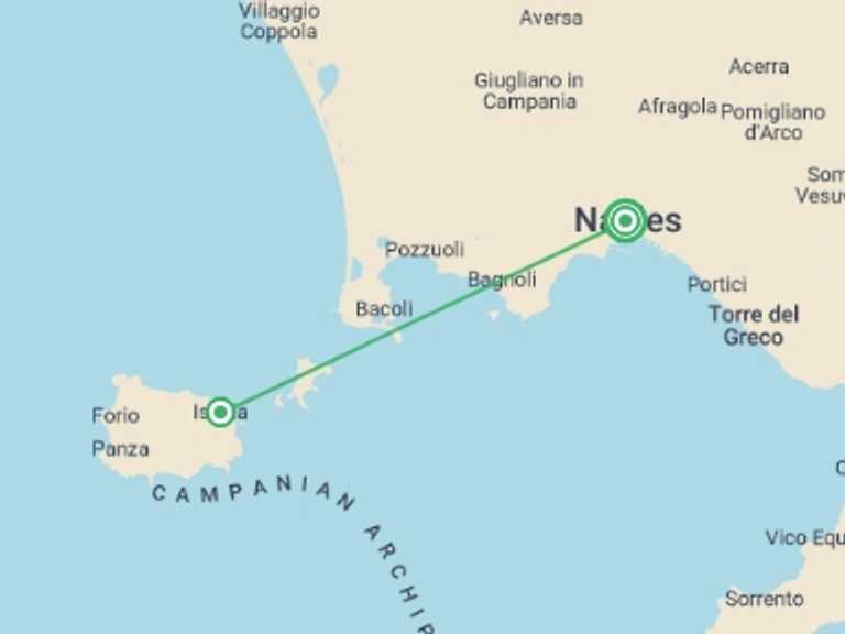 Map itinerary of Naples Tour in June 2026 with 2 destination visits for the trip: Campania Thermal Baths, Private Tour