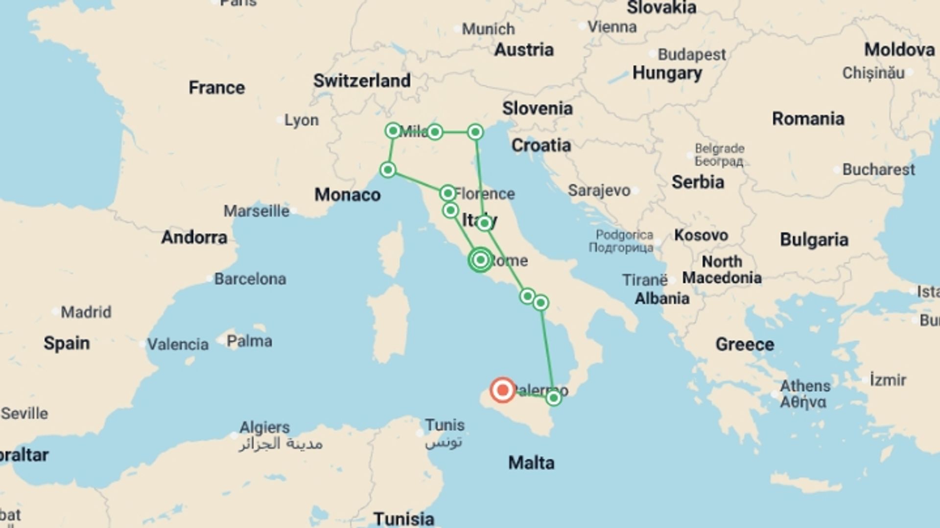 A map showing the tour itinerary for the trip: Tutta Italia With Beautiful Campania and Sicily, starting in Rome, Italy and ending in Palermo, Italy going through 10 other destinations.