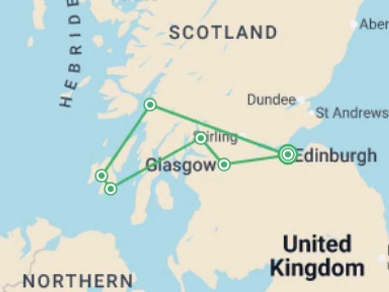 Map itinerary of Europe Tour in Fall with 3 destination visits for the trip: Islay Whisky Explorer - 5 days 