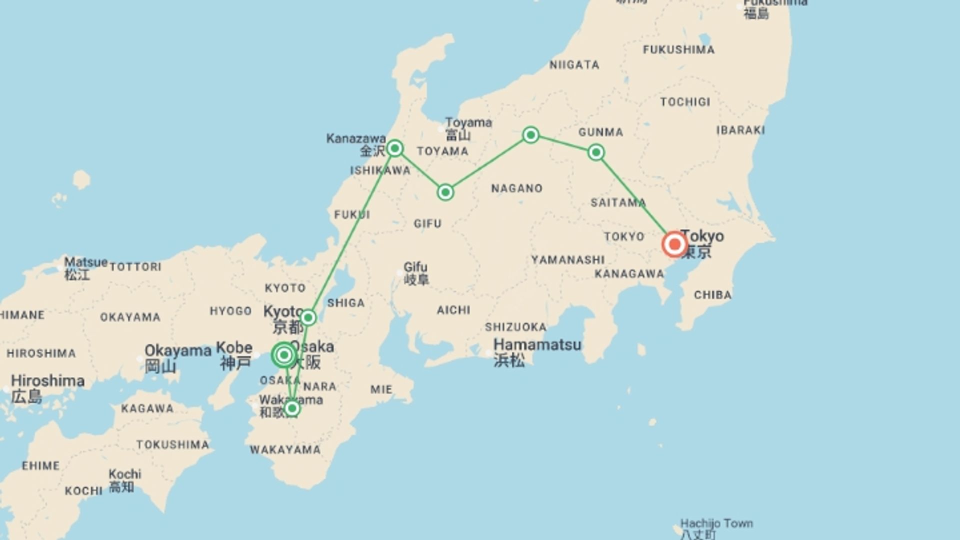 A map showing the tour itinerary for the trip: Timeless and Traditional Japan with Japanese Alps, starting in Osaka, Japan and ending in Tokyo, Japan going through 6 other destinations.