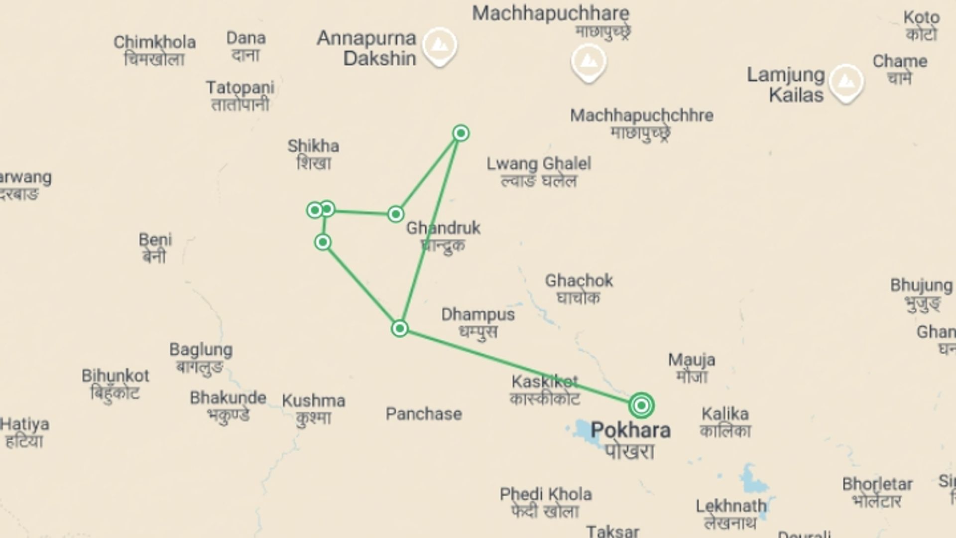 A map showing the tour itinerary for the trip: Poonhill Short Trek, starting in Pokhara, Nepal and ending in Pokhara, Nepal going through 4 other destinations.