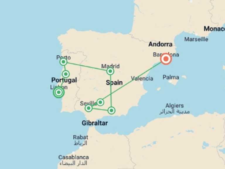 Map itinerary of Lisbon Tour in November 2026 with 8 destination visits for the trip: Best of Spain & Portugal