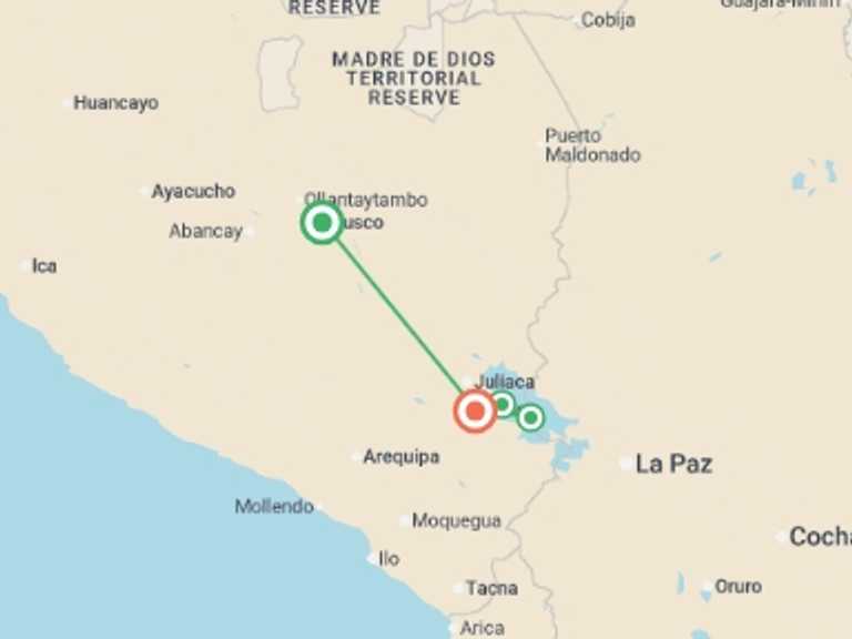 Map itinerary of South America Tour in January 2027 with 2 destination visits for the trip: Puno & Titicaca Islands, Semi-private Tour