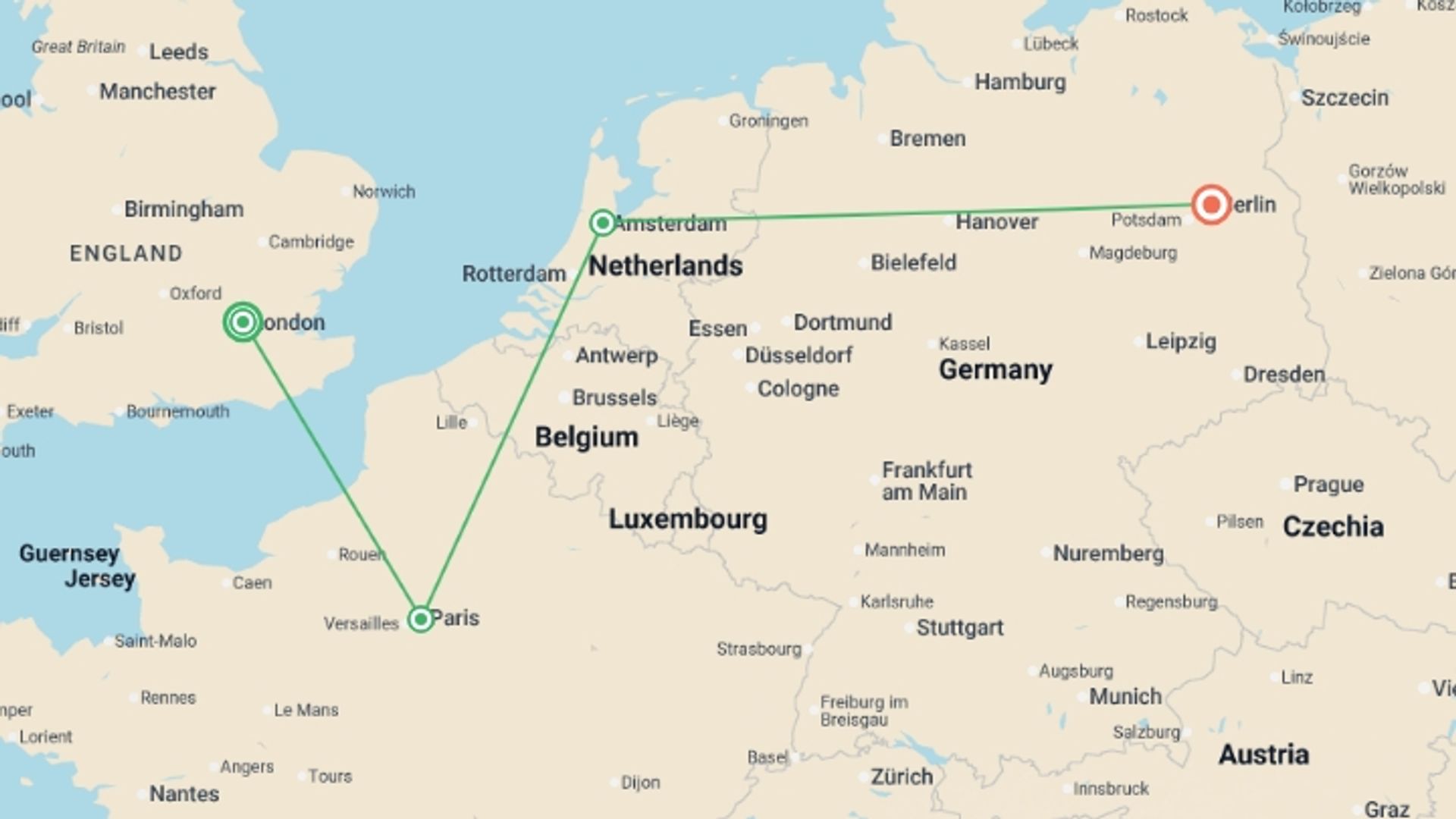 A map showing the tour itinerary for the trip: London to Berlin by Train, starting in London, England and ending in Berlin, Germany going through 2 other destinations.