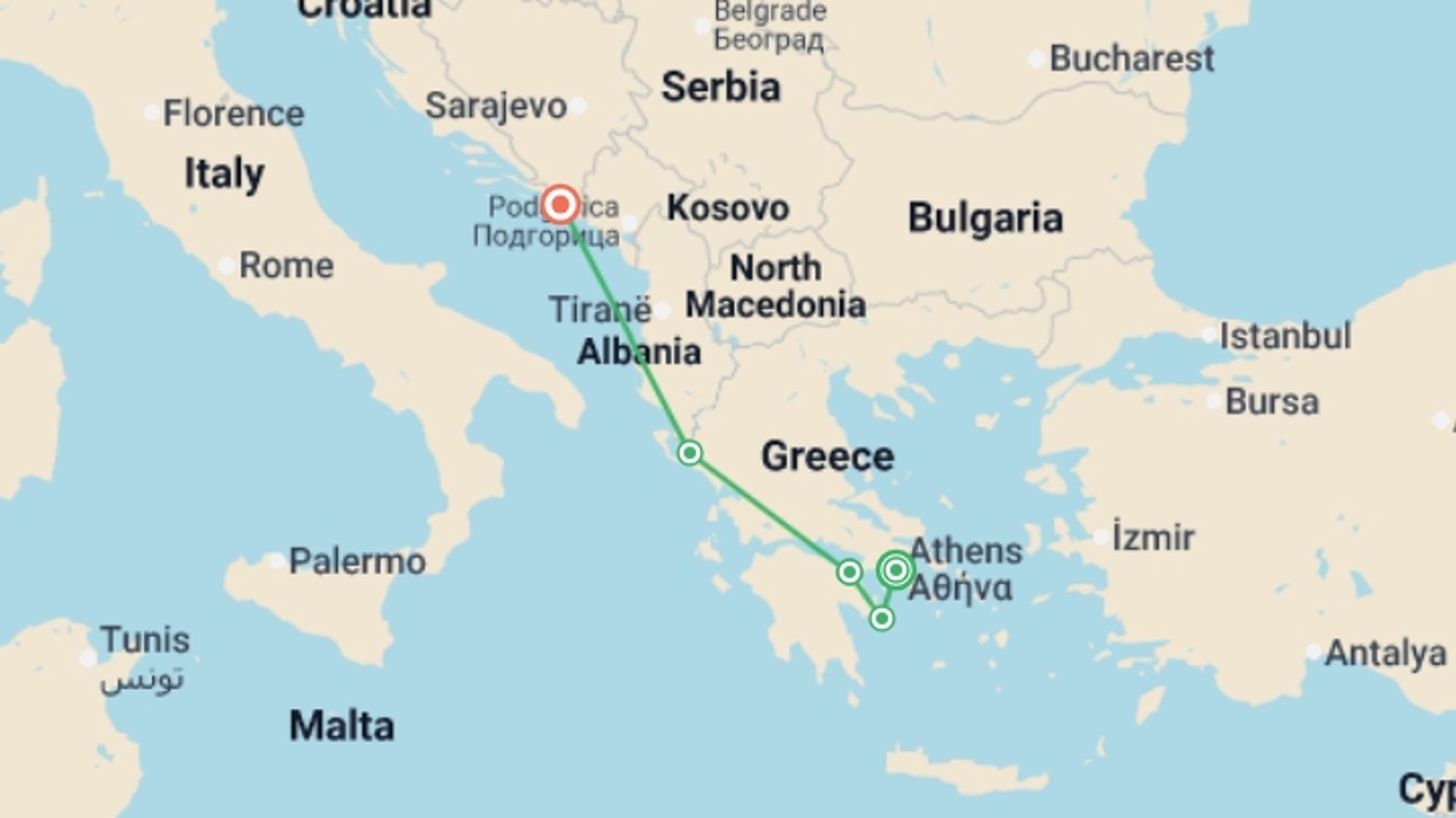 A map showing the tour itinerary for the trip: From Celebrated Athens to Dubrovnik, the "Pearl of the Adriatic" (port-to-port cruise), starting in Athens, Greece and ending in Dubrovnik, Croatia going through 3 other destinations.