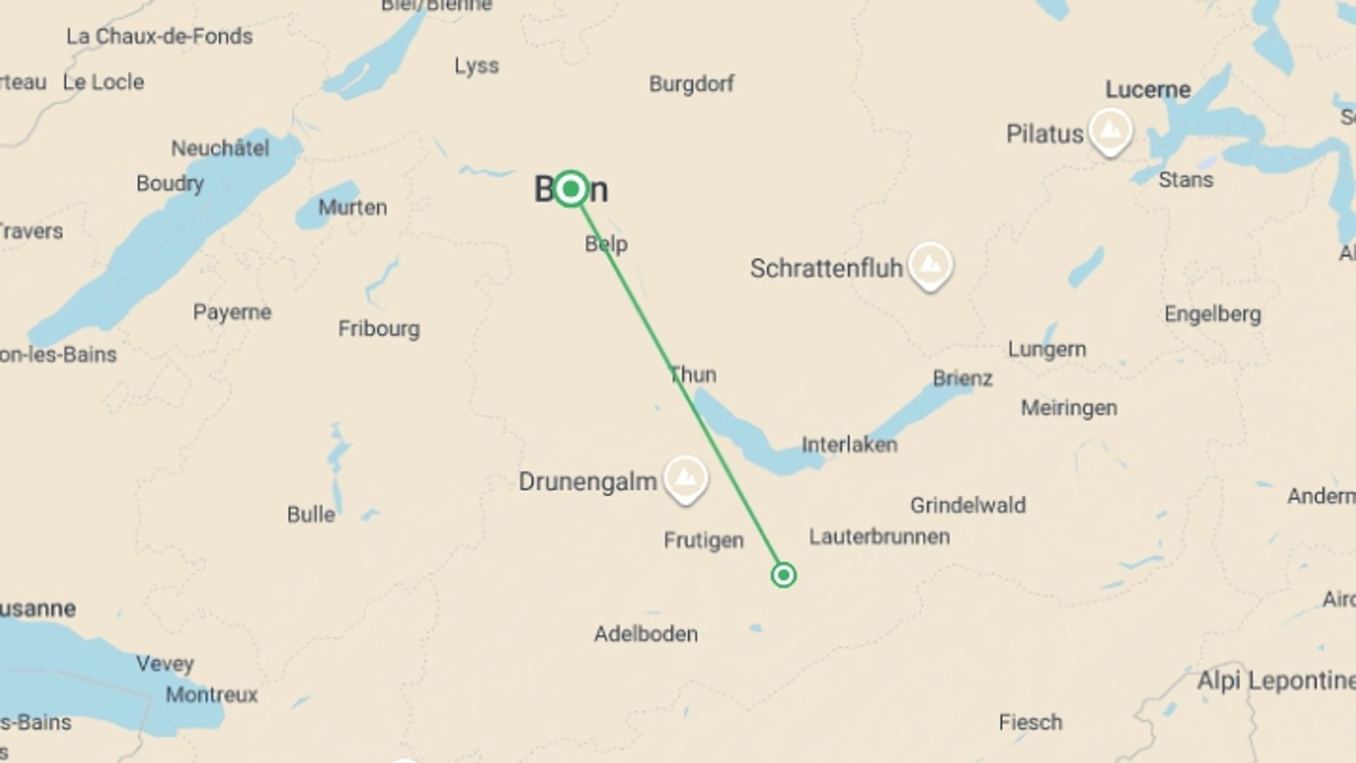 A map showing the tour itinerary for the trip: Active Swiss Alps, starting in Bern, Switzerland and ending in Bern, Switzerland going through 1 other destinations.