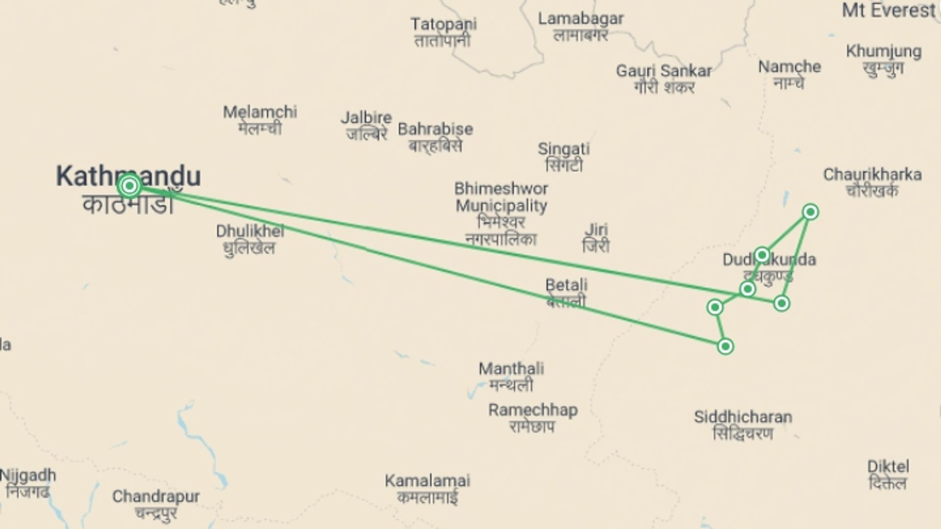 A map showing the tour itinerary for the trip: Pikey Peak Trekking, starting in Kathmandu, Nepal and ending in Kathmandu, Nepal going through 7 other destinations.