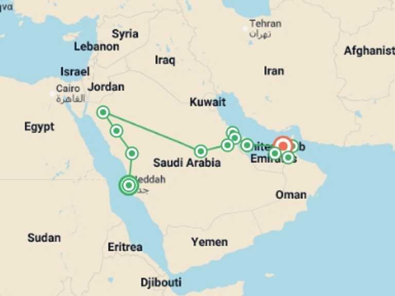 Map itinerary of Dubai Tour in December 2025 with 13 destination visits for the trip: Mysteries of Arabia and beauties of the Persian Gulf