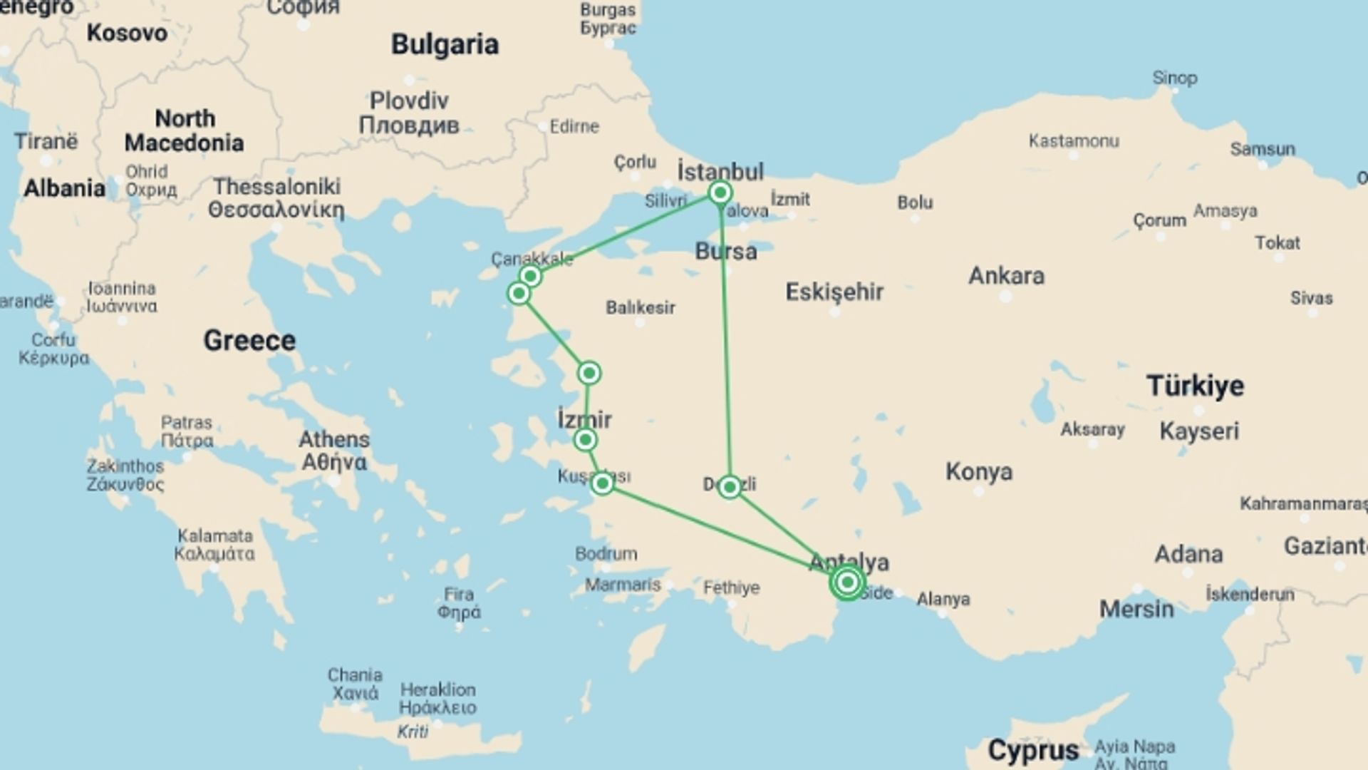A map showing the tour itinerary for the trip: Tui Tours | Turkish Cities & Culture, Small Group Tour, starting in Antalya, Turkey and ending in Antalya, Turkey going through 4 other destinations.