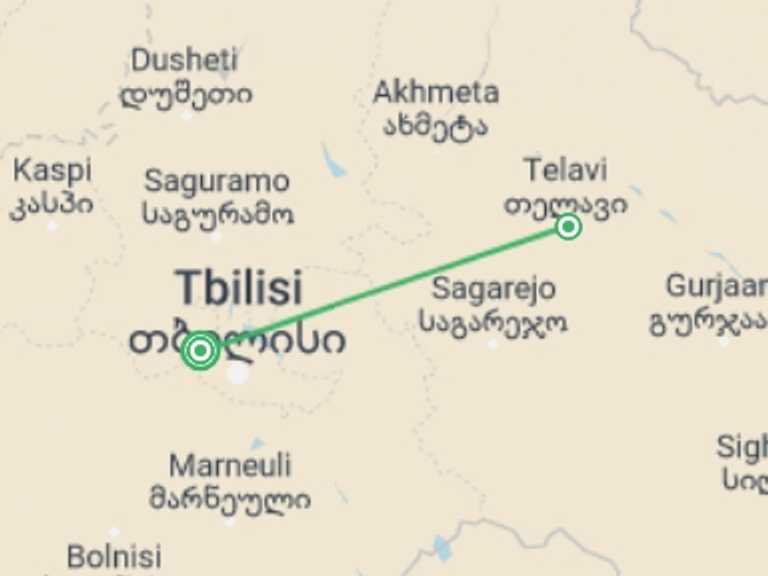 Map itinerary of Georgia Tour in September 2026 with 2 destination visits for the trip: A Taste of Georgia - Tbilisi to the Caucasus Mountains
