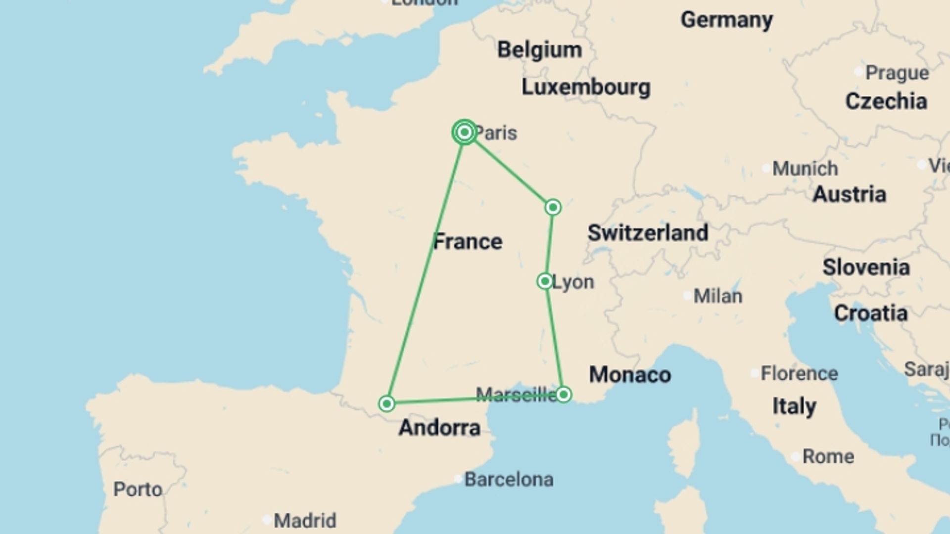 A map showing the tour itinerary for the trip: Romantic France, starting in Paris, France and ending in Paris, France going through 4 other destinations.