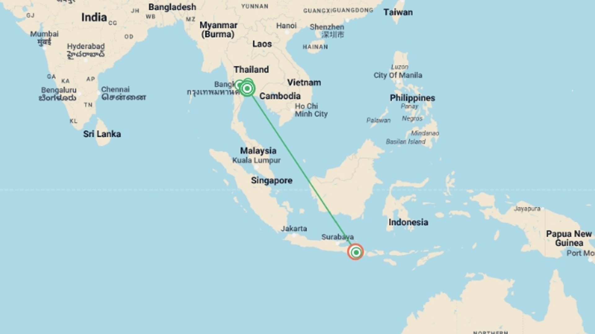 A map showing the tour itinerary for the trip: Thailand And Bali Odyssey, starting in Bangkok, Thailand and ending in Bali, Indonesia going through 3 other destinations.