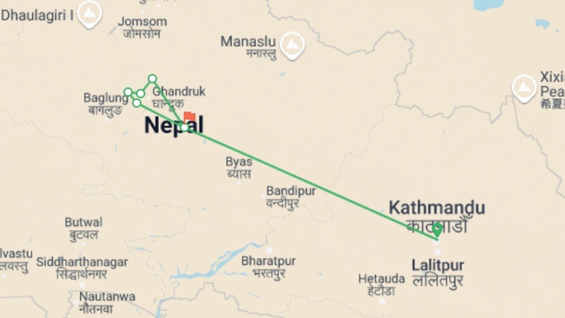 A map showing the tour itinerary for the trip: Poonhill Trek, starting in Kathmandu, Nepal and ending in Pokhara, Nepal going through 5 other destinations.