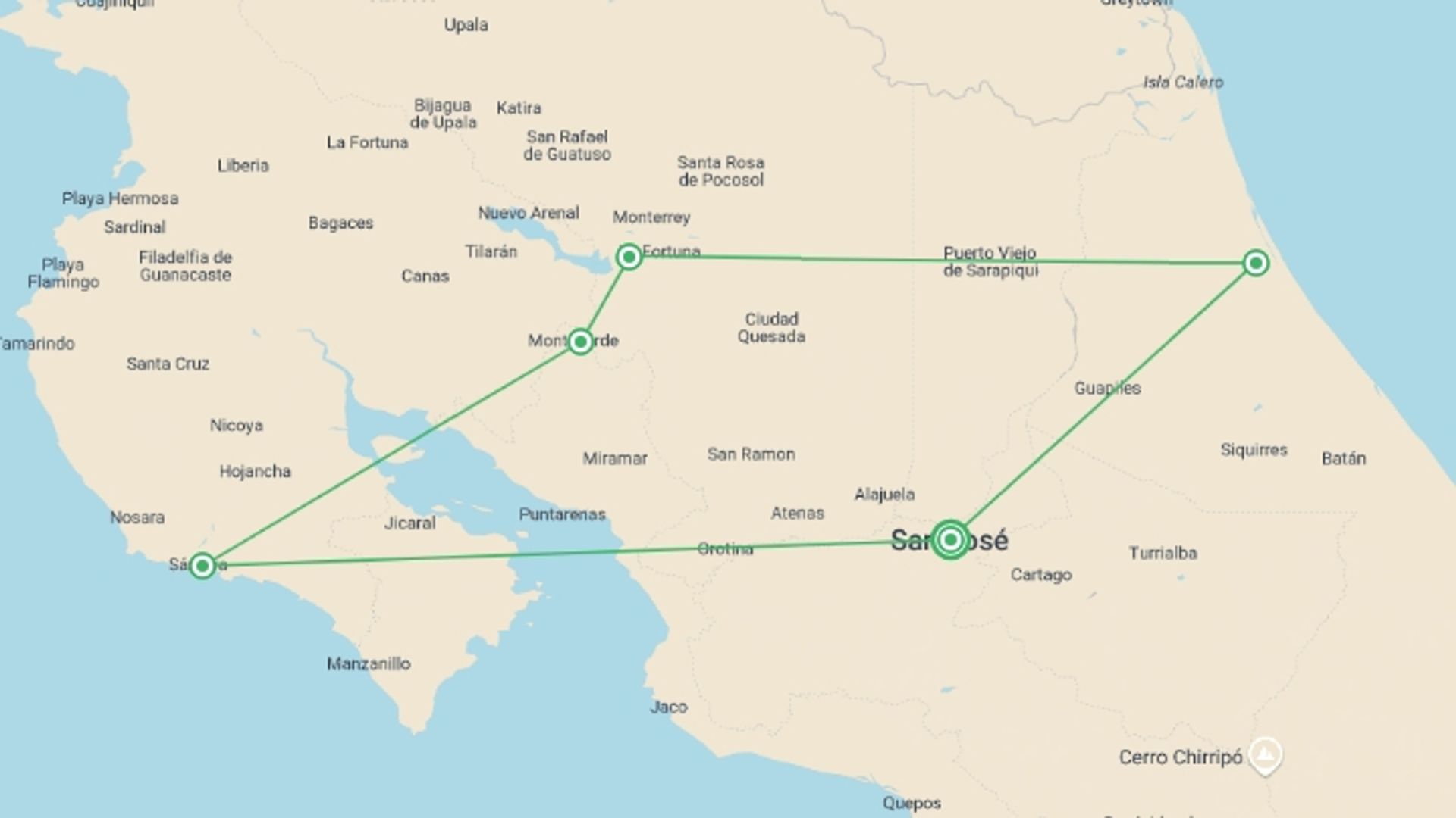 A map showing the tour itinerary for the trip: Supersaver | Costa Rica Essentials Plus & Guanacaste Extension, 10 Days, starting in San Jose, Costa Rica and ending in San Jose, Costa Rica going through 4 other destinations.