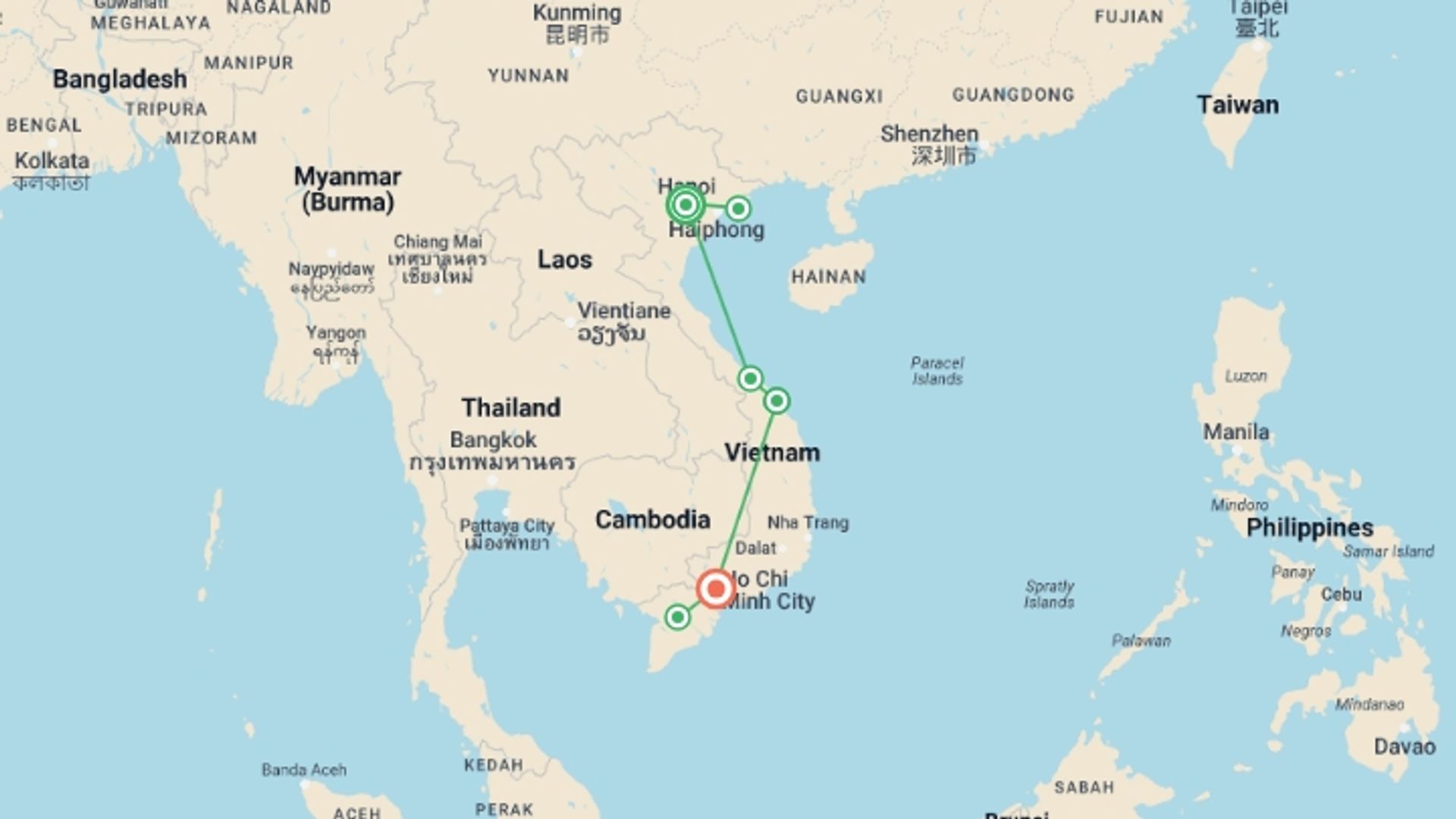 A map showing the tour itinerary for the trip: North To South Vietnam Tour Package 12 Days 11 Nights, starting in Hanoi, Vietnam and ending in Ho Chi Minh City, Vietnam going through 4 other destinations.