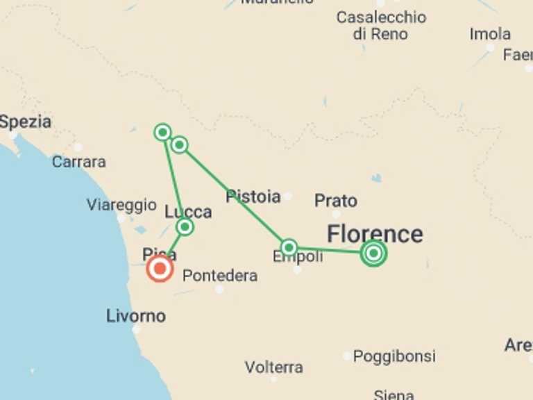 Map itinerary of Italy Tour in August 2027 with 6 destination visits for the trip: Cycle Tuscany