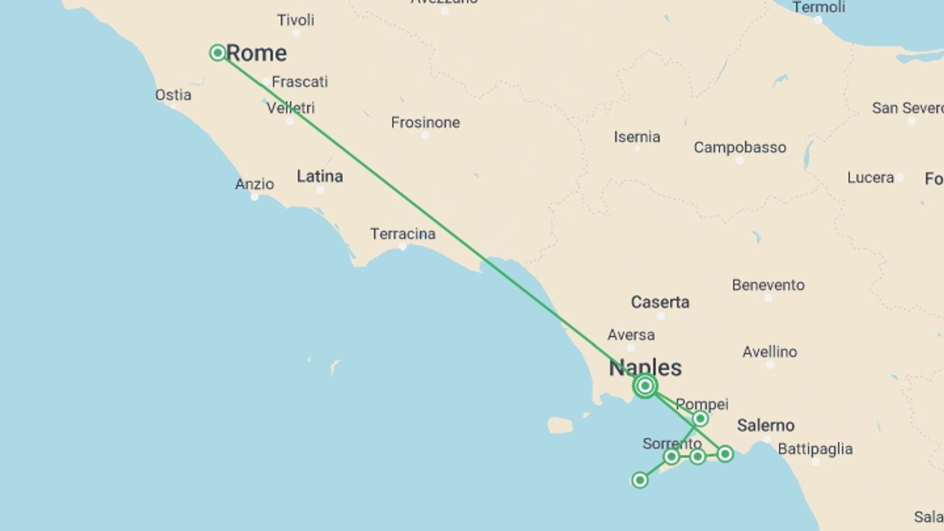 A map showing the tour itinerary for the trip: Charming Costiera (on Request), starting in Naples, Italy and ending in Naples, Italy going through 3 other destinations.