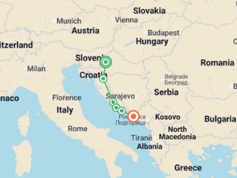 Map of Mediterranean Tour with 5 destination visits for the trip: Zagreb to Dubrovnik - 8 days