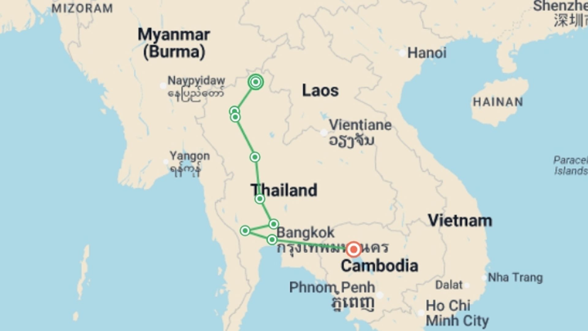 A map showing the tour itinerary for the trip: Thailand Grand Tour & Cambodia Package, Small Group Tour (english Only), starting in Mueang Chiang Rai, Thailand and ending in Mueang Chiang Rai, Thailand going through 7 other destinations.