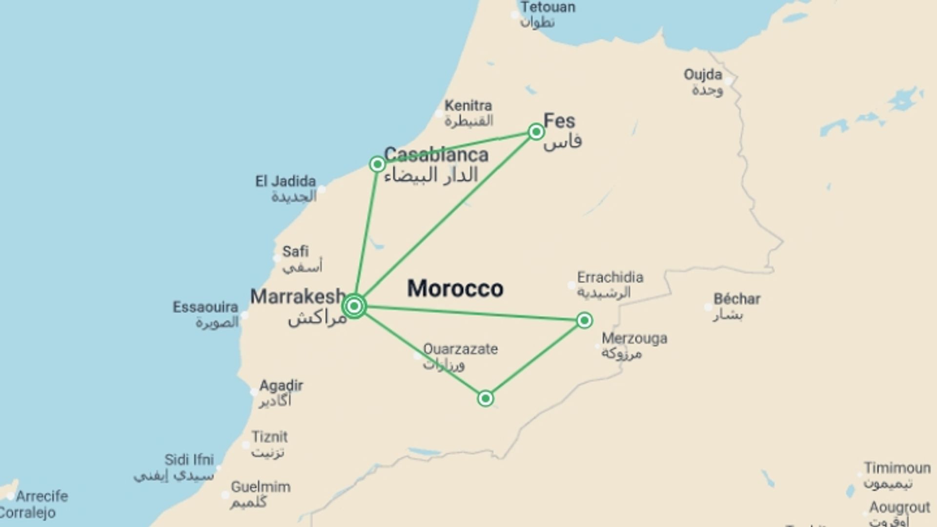 A map showing the tour itinerary for the trip: Best Of Morocco, starting in Marrakech, Morocco and ending in Marrakech, Morocco going through 4 other destinations.