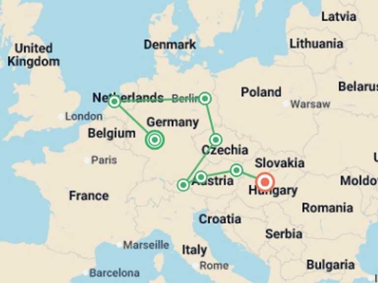 Map itinerary of Europe Tour in June 2026 with 8 destination visits for the trip: From Frankfurt to Budapest GO