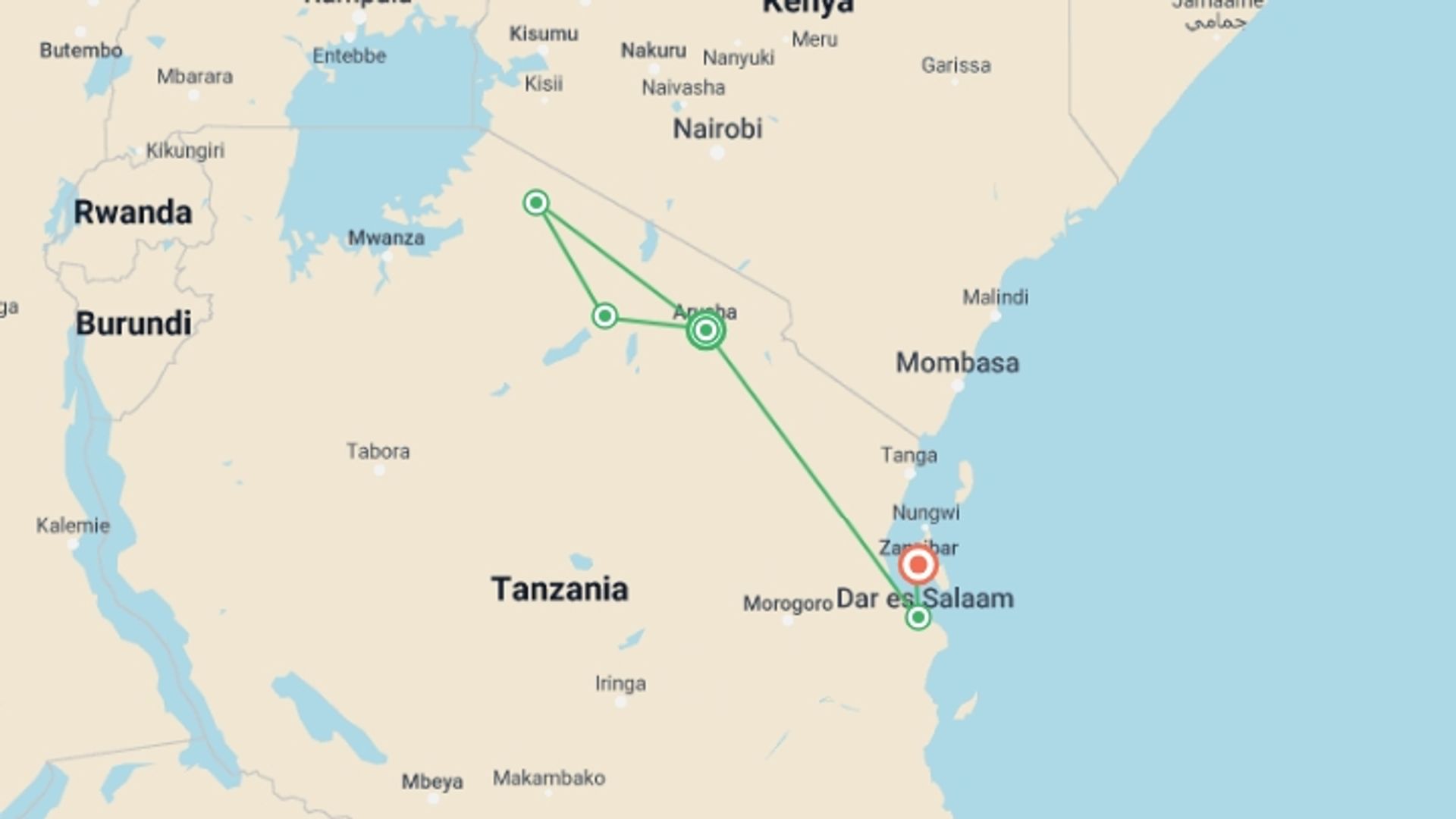 A map showing the tour itinerary for the trip: Serengeti to Zanzibar Overland Safari & Participation Camping, starting in Arusha, Tanzania and ending in Zanzibar, Tanzania going through 4 other destinations.