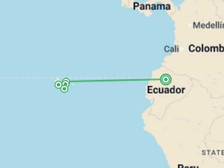 Map itinerary of South America Tour in March 2026 with 4 destination visits for the trip: Galápagos Island Hopping