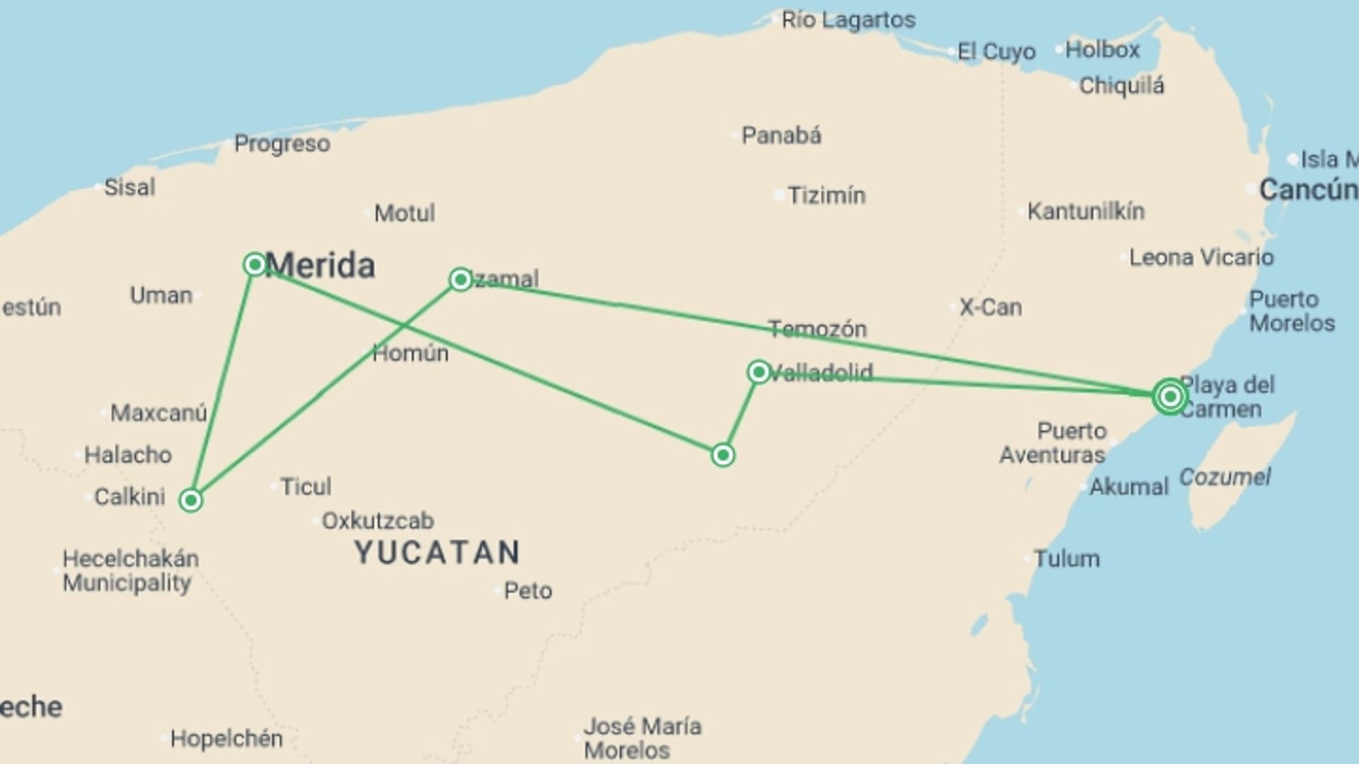 A map showing the tour itinerary for the trip: Mini Yucatan Tour, German-speaking Guide, starting in Playa Del Carmen, Mexico and ending in Playa Del Carmen, Mexico going through 1 other destinations.