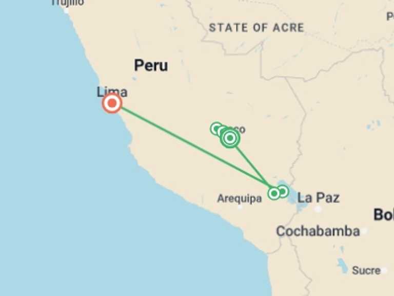 Map of Lima Local culture Tour with 7 destination visits for the trip: 8 Days: Cusco, Machu Picchu and Puno