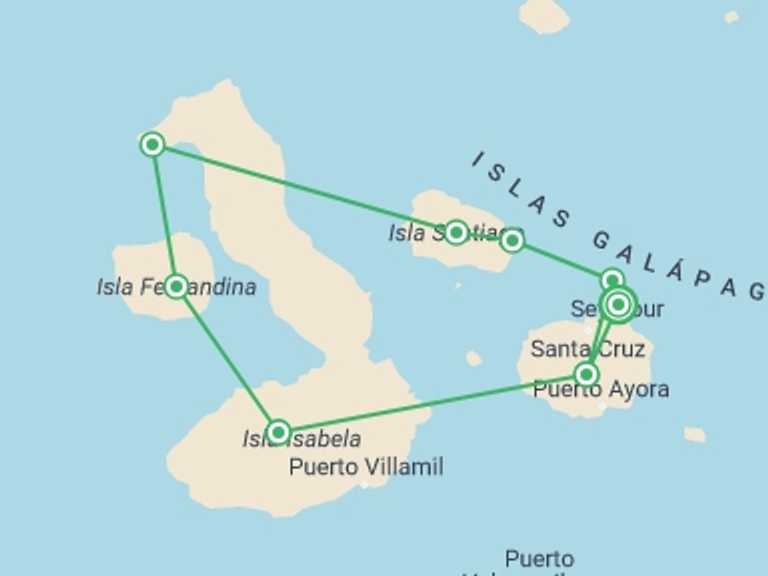 Map of a Sailing, yachting and motor boating Tour with 6 destination visits for the trip: Pure Galapagos (Grand Daphne)