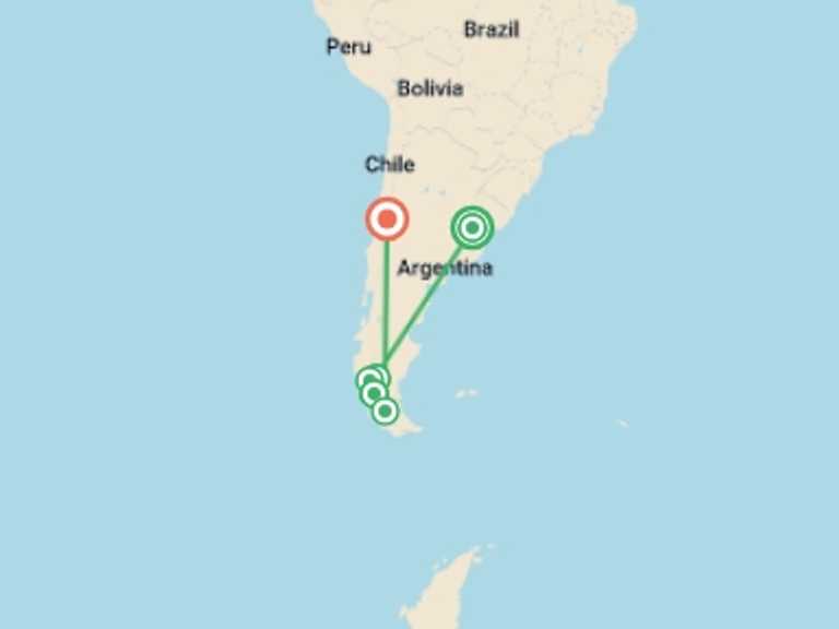 Map itinerary of South America Tour in November 2026 with 6 destination visits for the trip: Buenos Aires, Patagonia & Santiago (Superior) - 11 days