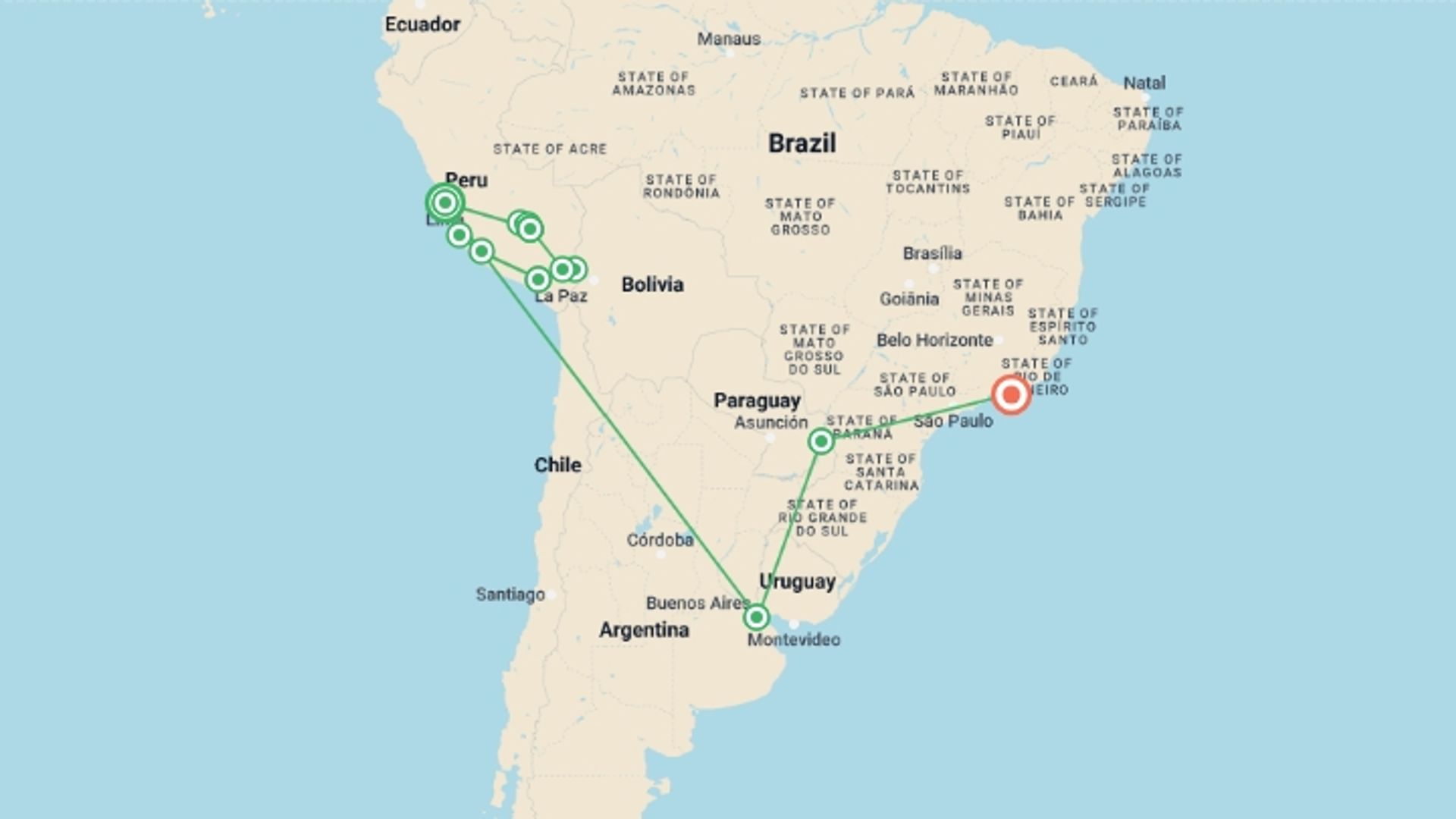 A map showing the tour itinerary for the trip: Best of Peru, Argentina & Brazil, starting in Lima, Peru and ending in Rio de Janeiro, Brazil going through 11 other destinations.