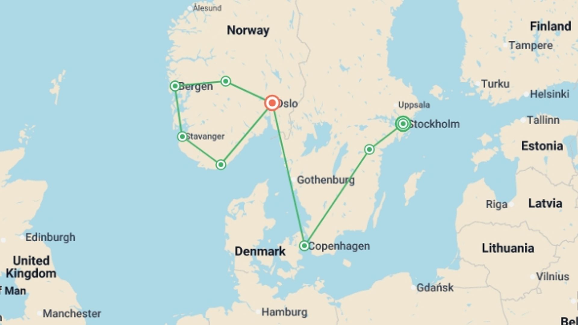 A map showing the tour itinerary for the trip: Best of Scandinavia, starting in Stockholm, Sweden and ending in Oslo, Norway going through 6 other destinations.