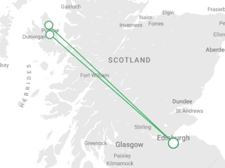 Map of Scotland Sightseeing Tour with 2 destination visits for the trip: Winter Skye High