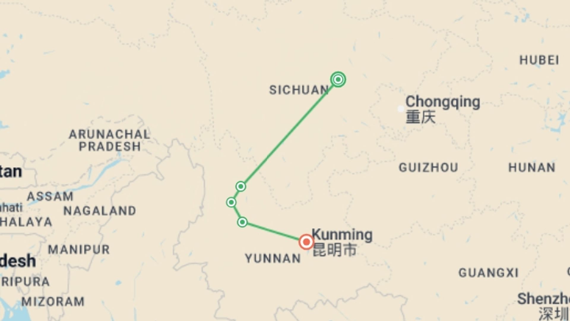A map showing the tour itinerary for the trip: China's Hidden Highlights: Chengdu to Kunming, starting in Chengdu, China and ending in Kunming, China going through 3 other destinations.