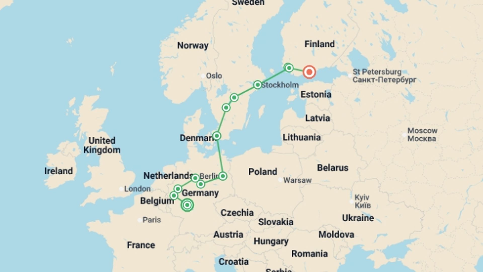 A map showing the tour itinerary for the trip: German Trek End Helsinki, starting in Frankfurt, Germany and ending in Helsinki, Finland going through 6 other destinations.