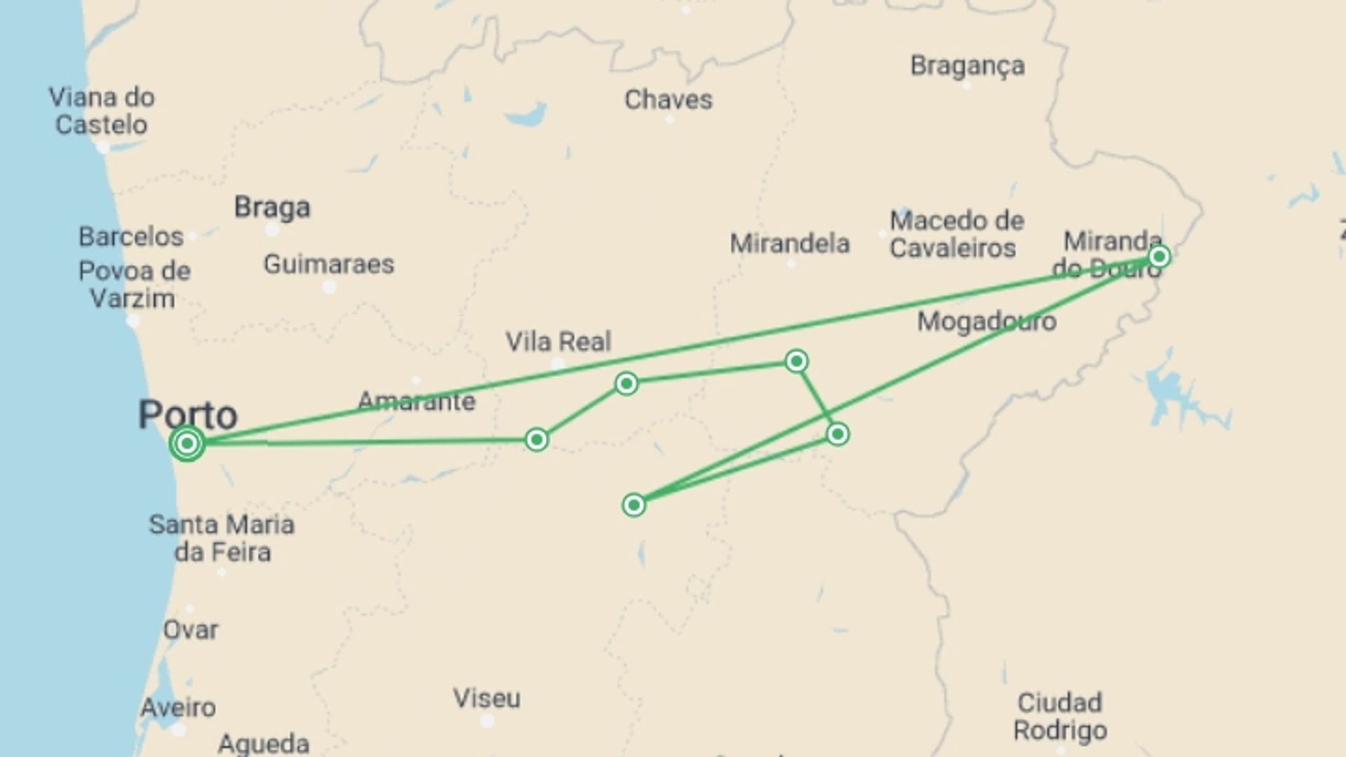 A map showing the tour itinerary for the trip: Douro Valley—Bike Tour, starting in Porto, Portugal and ending in Porto, Portugal going through 6 other destinations.