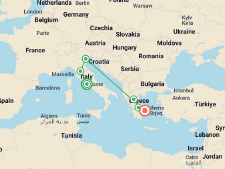 Map itinerary of Europe Tour in Summer with 6 destination visits for the trip: Best of Italy and Greece
