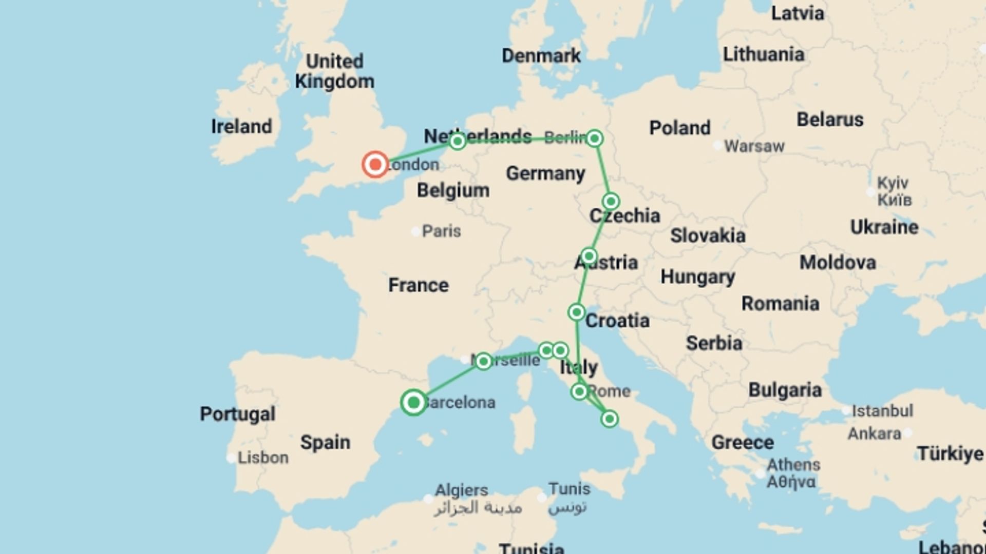 A map showing the tour itinerary for the trip: Barcelona to London Quest, starting in Barcelona, Spain and ending in London, England going through 12 other destinations.