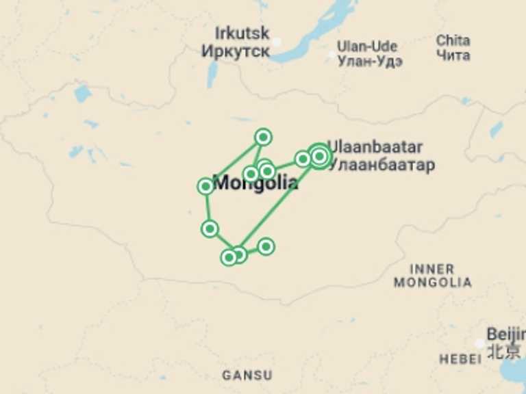 Map of a Natural landmarks sightseeing Tour with 11 destination visits for the trip: Gobi Desert Explorer