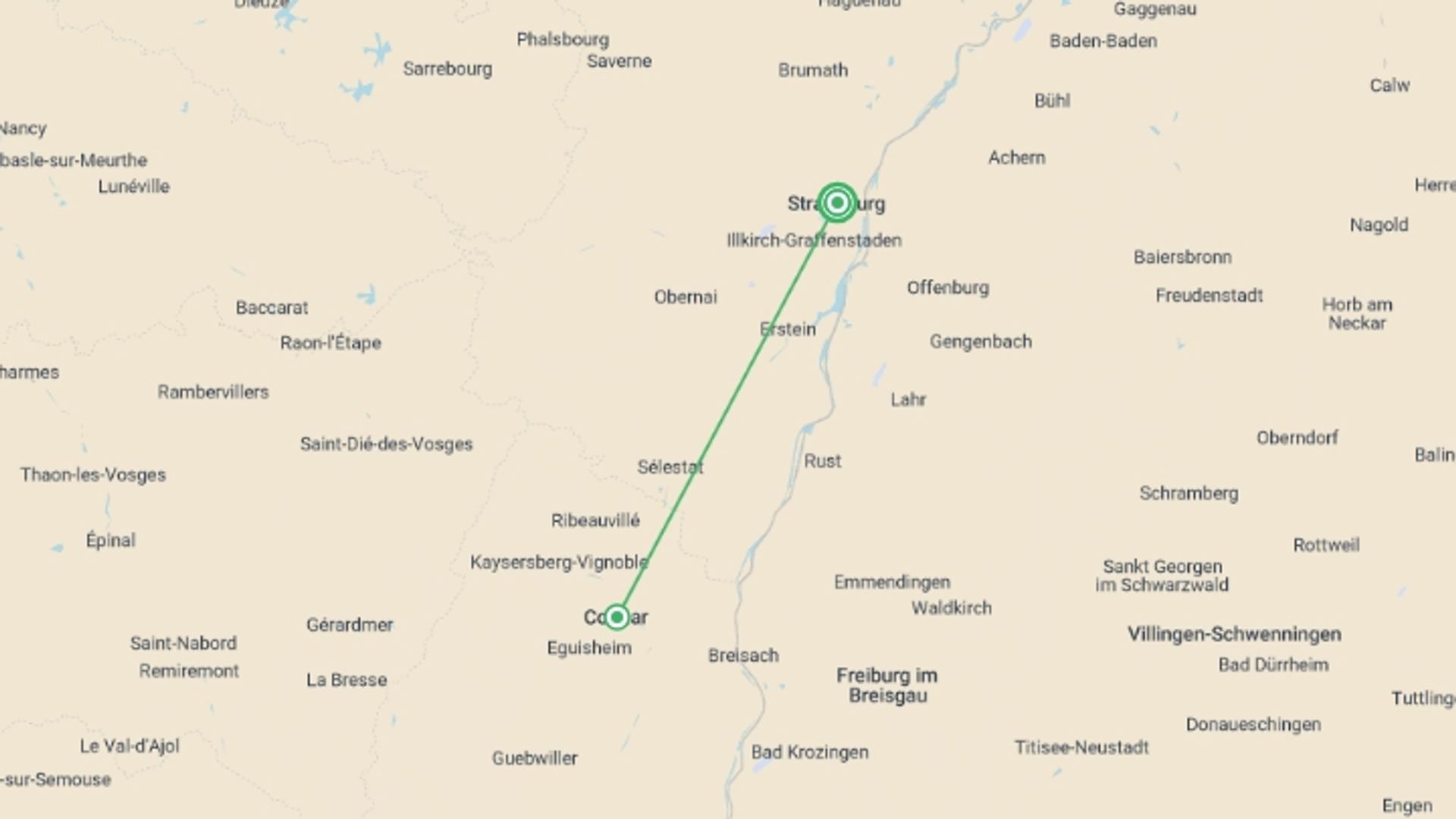 A map showing the tour itinerary for the trip: Christmas markets in Alsace (port-to-port), starting in Strasbourg, France and ending in Strasbourg, France going through 1 other destinations.