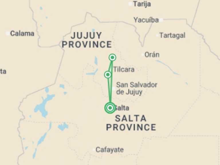 Map itinerary of Argentina Tour in December 2025 with 3 destination visits for the trip: Salta Desert Explorer 5D/4N